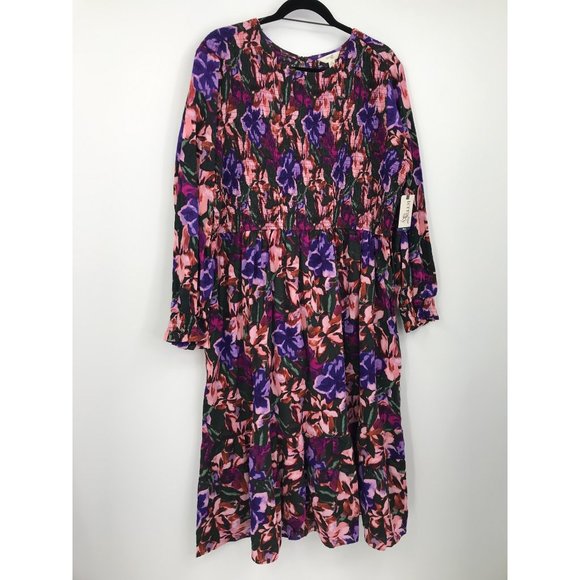 Terra & Sky Tiered Peasant Boho Smocked Midi Dress Purple Floral 2X NEW - Picture 3 of 6